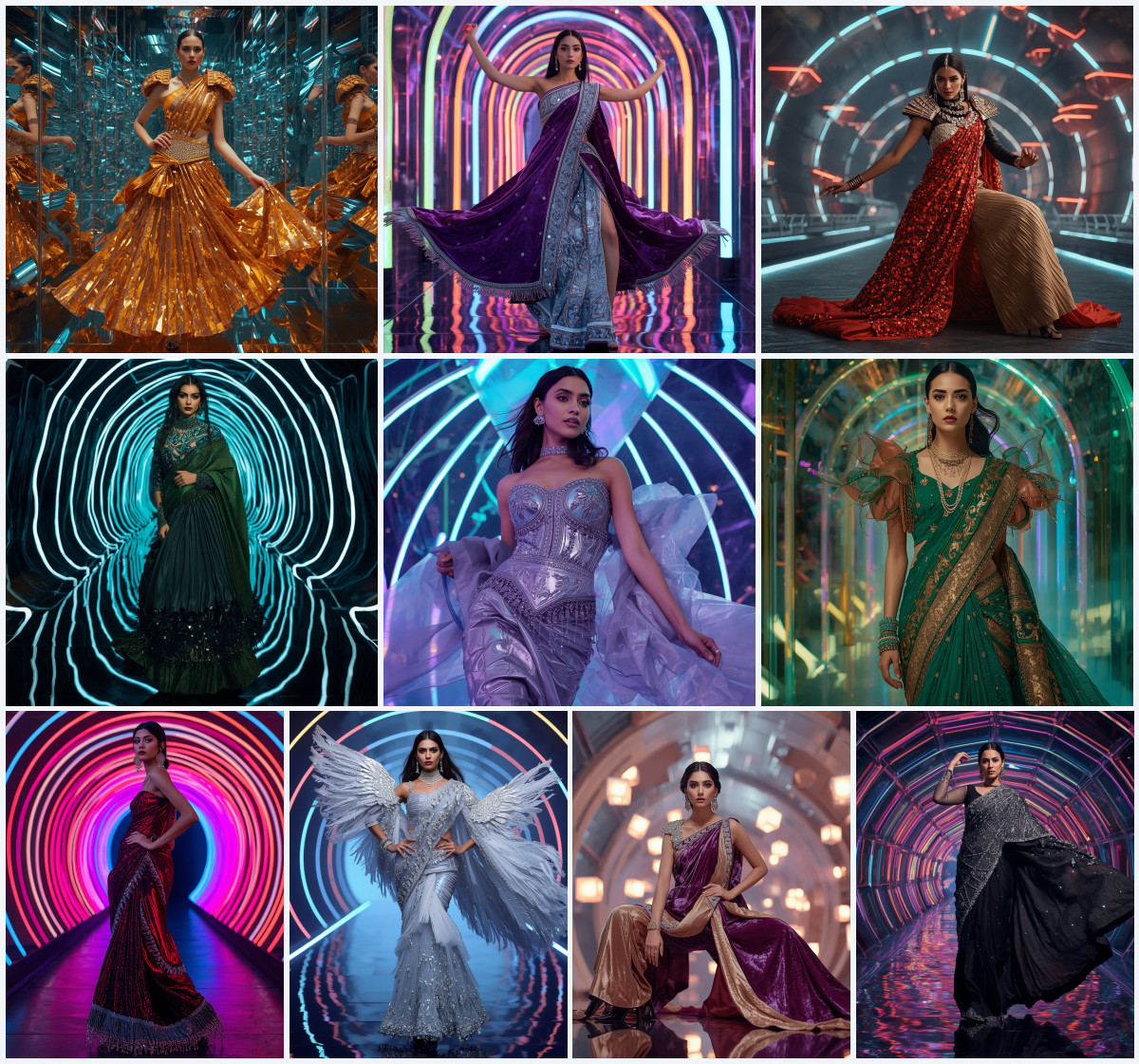 Superb Viral Prompt creating gorgeous neon glow fiber optic georgette saree graphics for feeds - Main Thumbnail