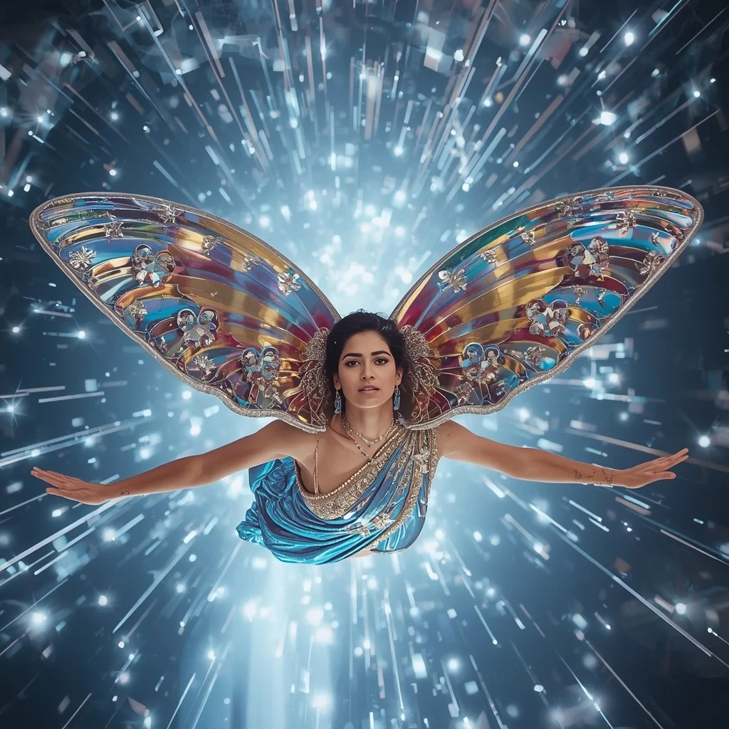 3D Iridescent Liquid Chrome Butterfly Saree with Suspended Dive Pose | Gemini Ai Prompt Copy Paste