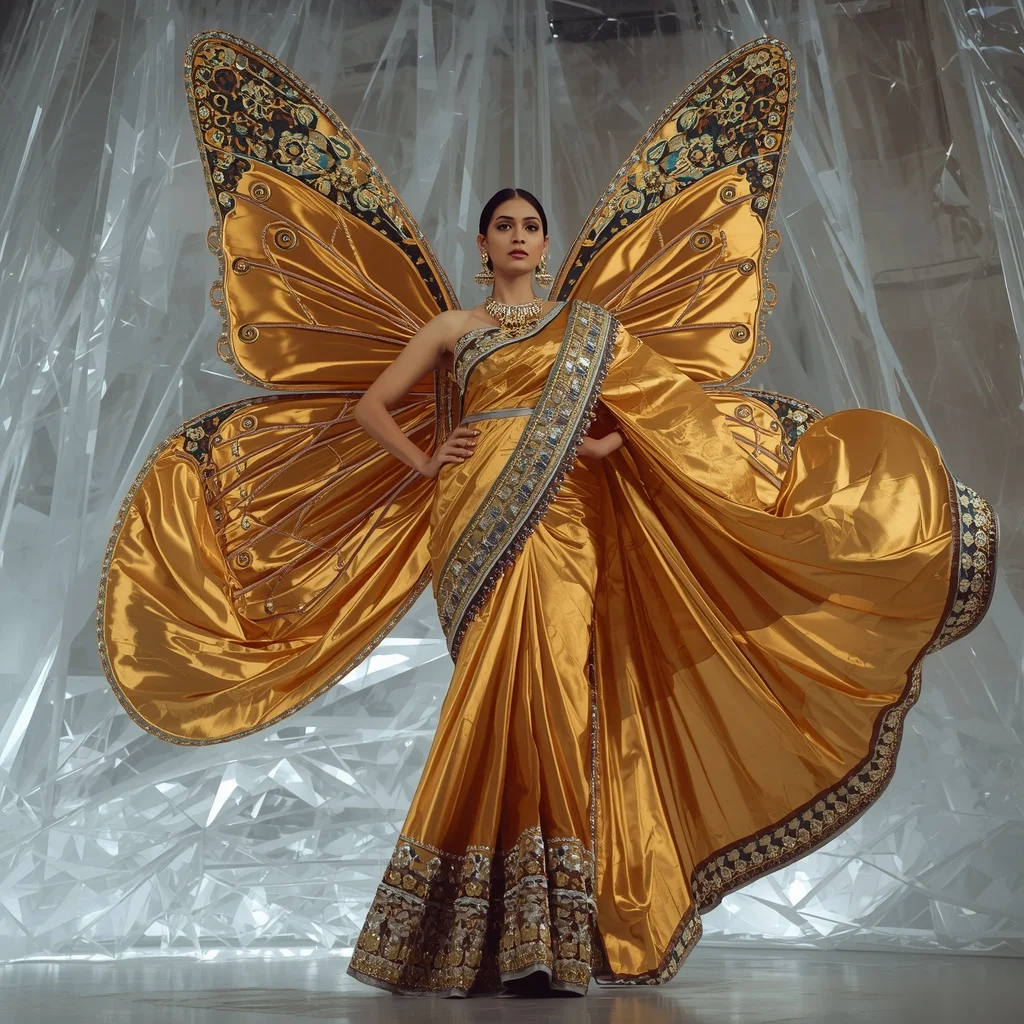 3D Liquid Bismuth & Heavy Crystal Architecture Butterfly Saree Couture | Attitude Ai Prompt