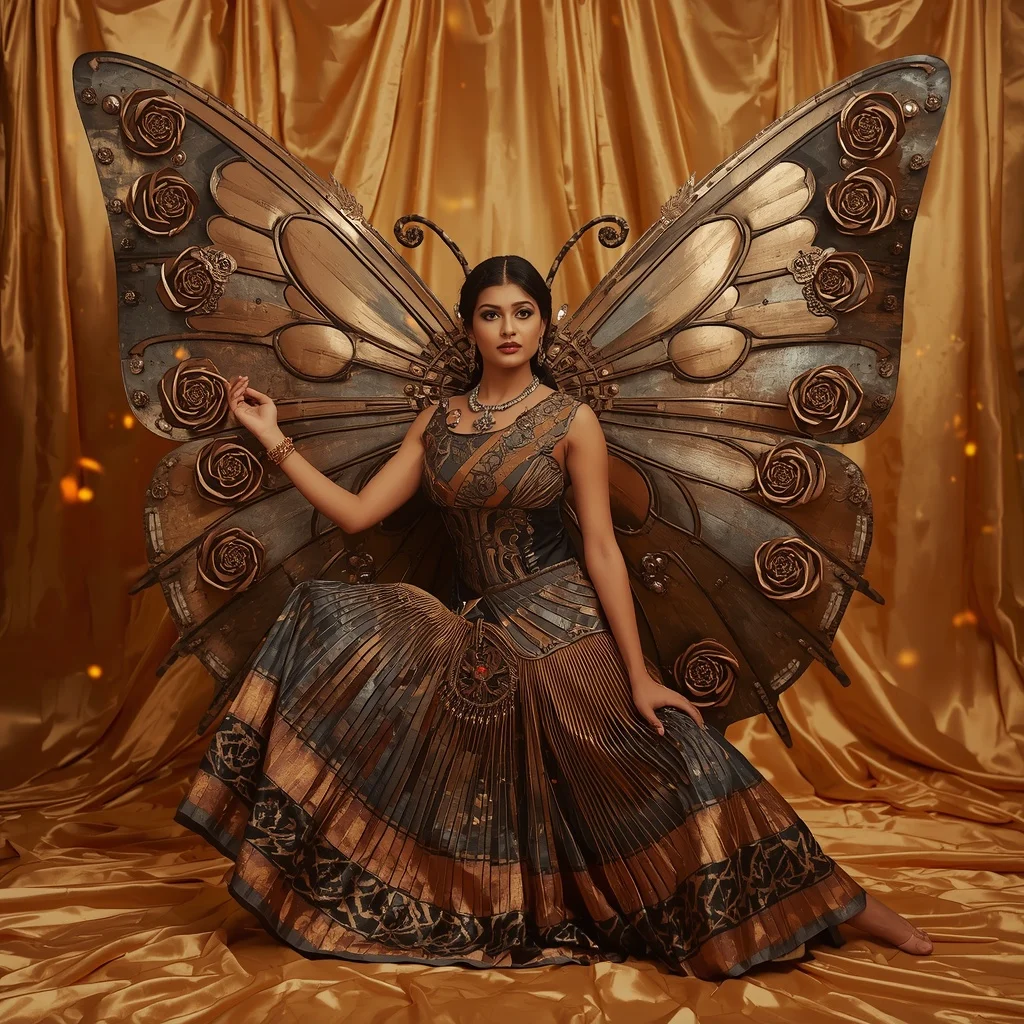 3D Molten Titanium & Metallic Rose Butterfly Saree with Heroic Landing Pose | Anime Ai Prompt