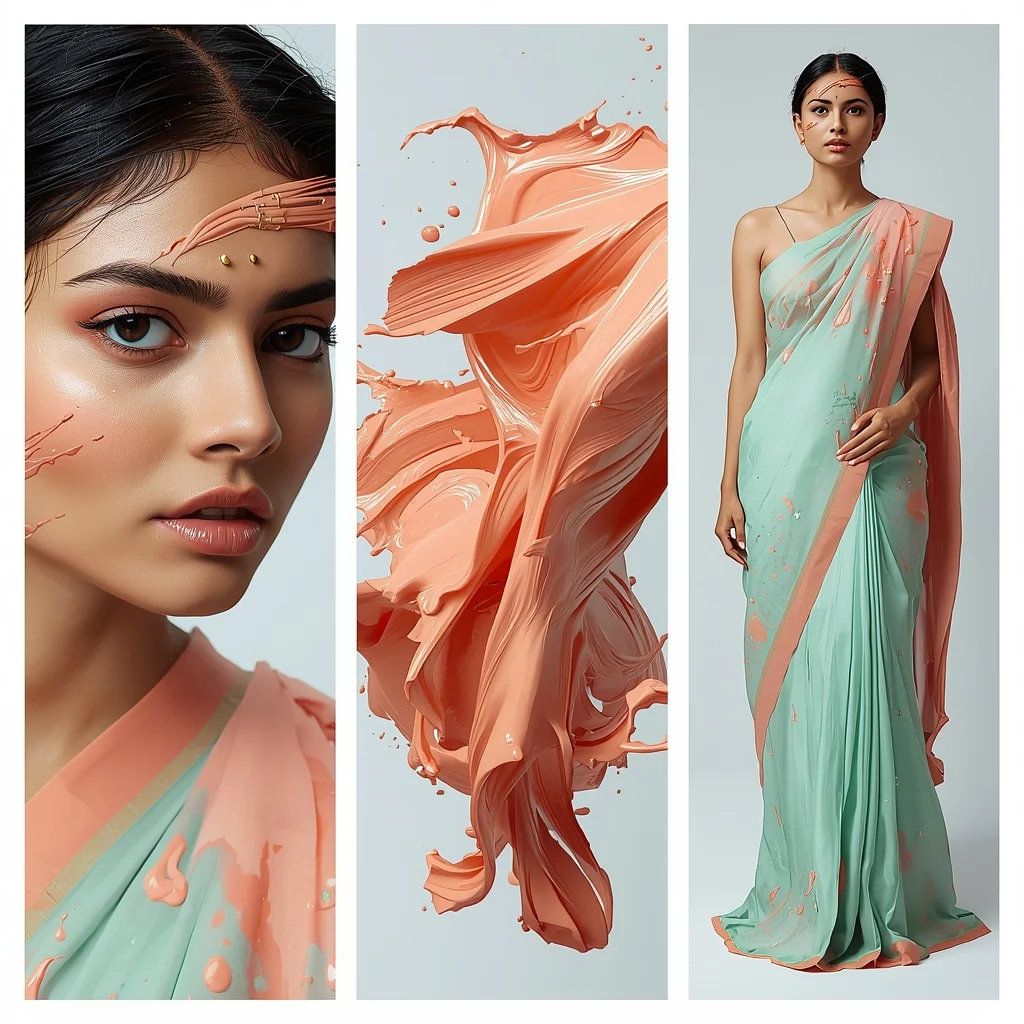 Artistic Indian Saree Visualization with Oil Paint Brush Stroke Multi-Frame Layout | Saree Trending Ai Prompt
