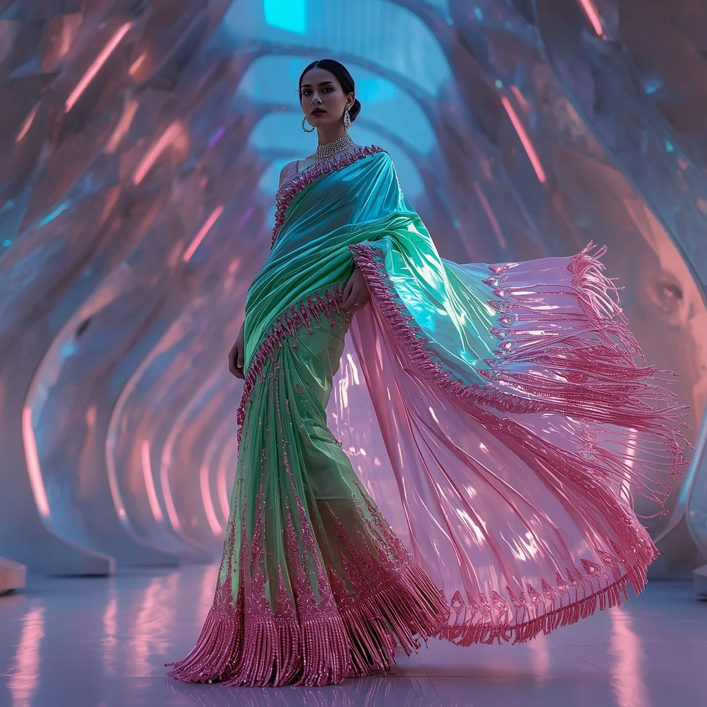 Aurora Crystal Saree with Futuristic Ribbon Lights | Wedding Saree Ai Prompt