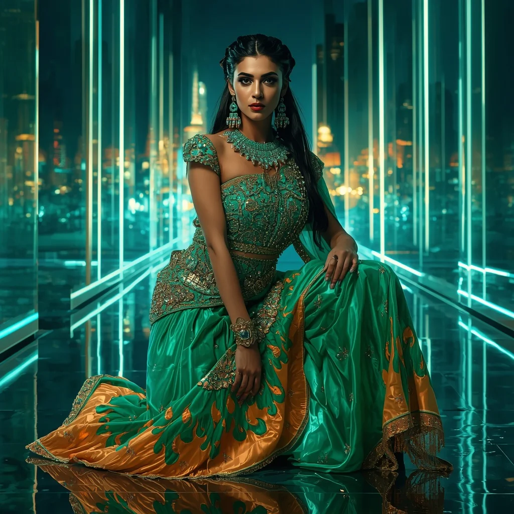 Aurora Emerald Flame Saree with Floating Prism Skyline | Ai Prompt Generator Free