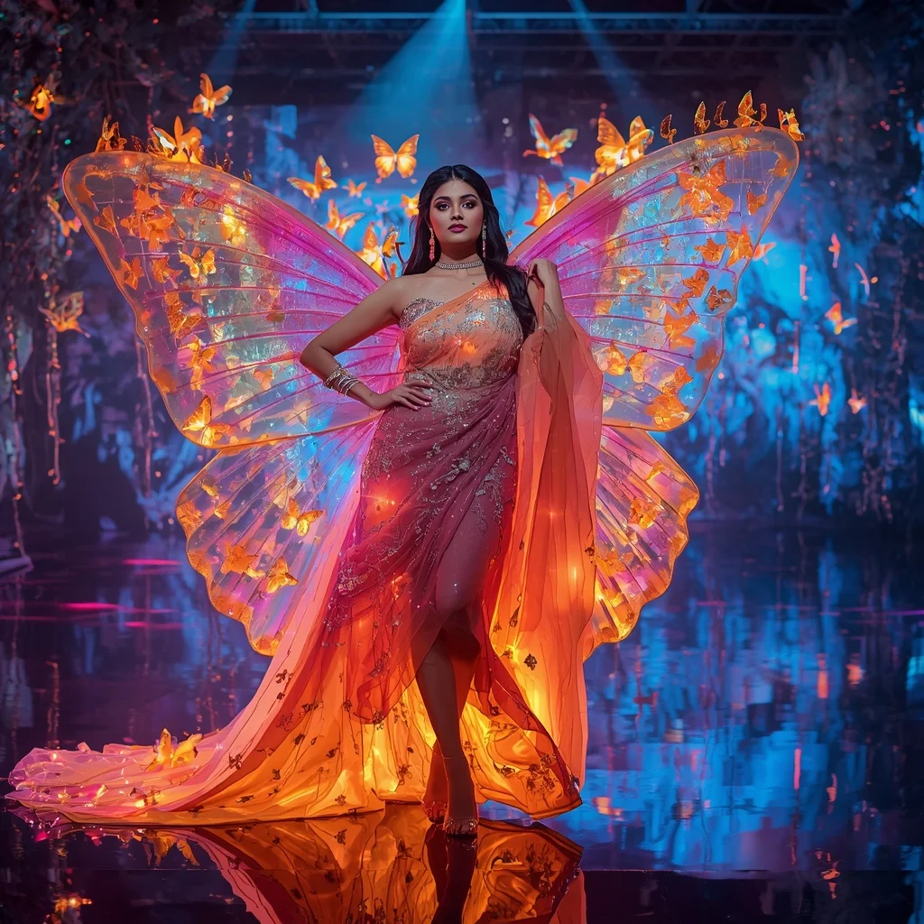 Aurora Flame Butterfly Mirage Saree – Rainbow Fire Couture with Futuristic Fantasy Background | Anime Ai Prompt