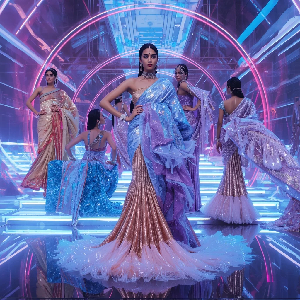 Aurora Hyperlux Queen Saree with Floating Neon Infinity Realm | Saree Prompt For Women