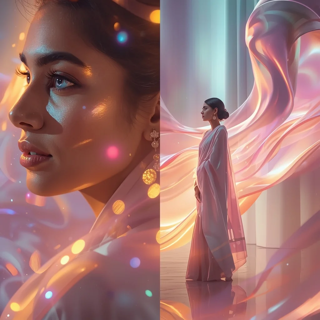 Aurora Light Flow Pastel Saree Image Prompt Luxury Cosmic Glow Cinematic Collage Saree Prompt | Ai Gemini Saree Prompt