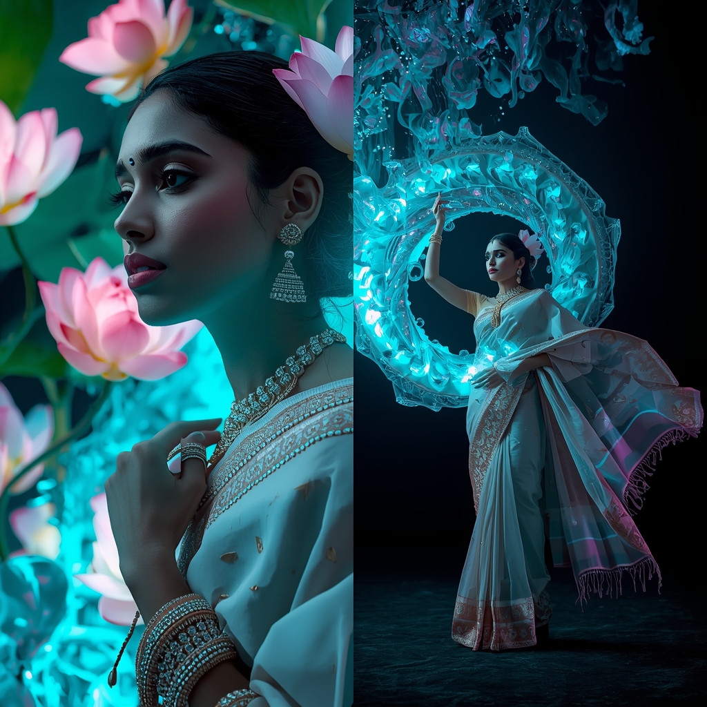 Bioluminescent Deep Sea Lotus Neon Caustics Saree Collage | Modern Saree Ai Prompt