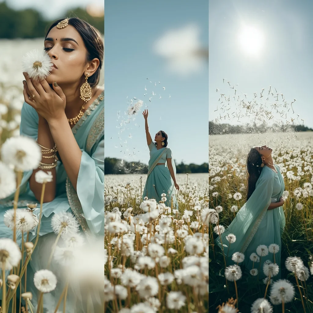 Brilliant White Dandelion Seeds Sunlit Morning Saree Storyboard Layout | Gemini Ai Prompt Saree Copy Paste