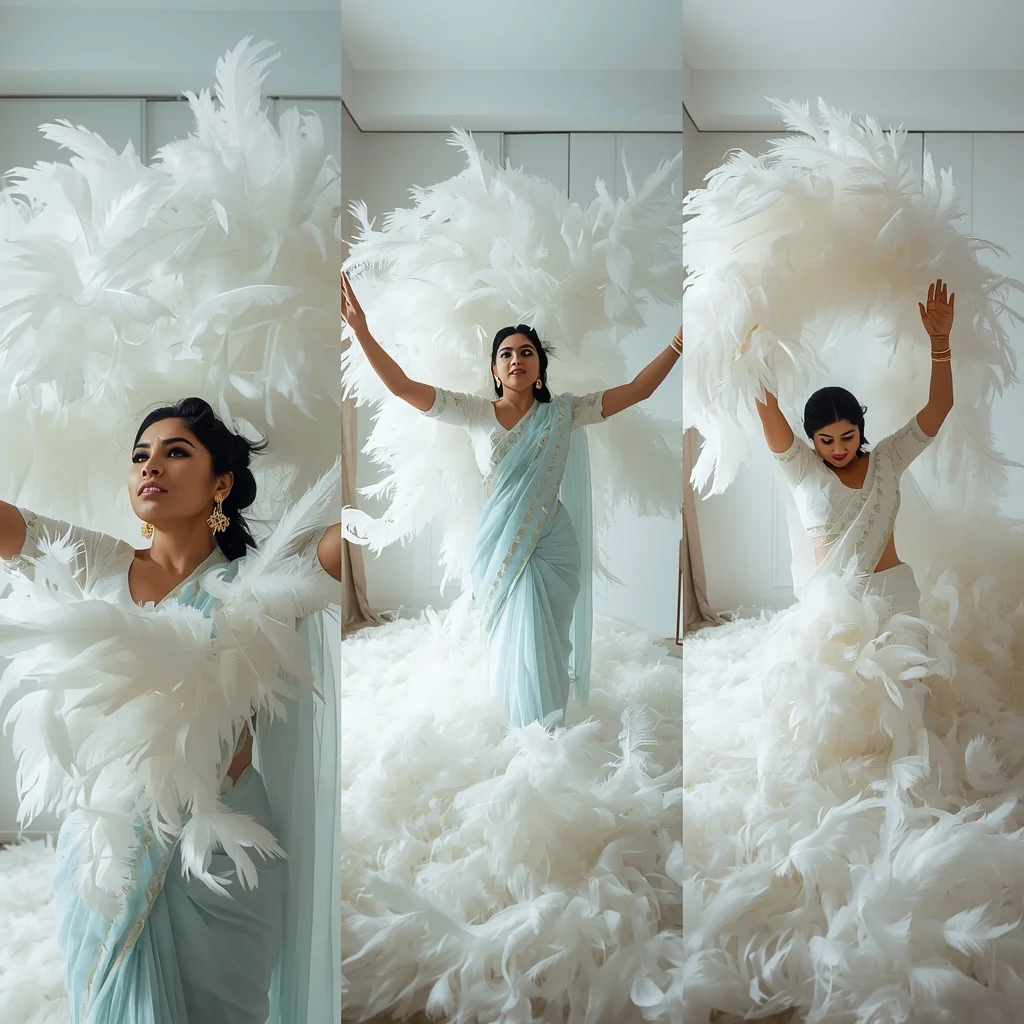 Brilliant White Feather Storm Morning Light Saree Sequential Portrait Design | Modern Saree Ai Prompt
