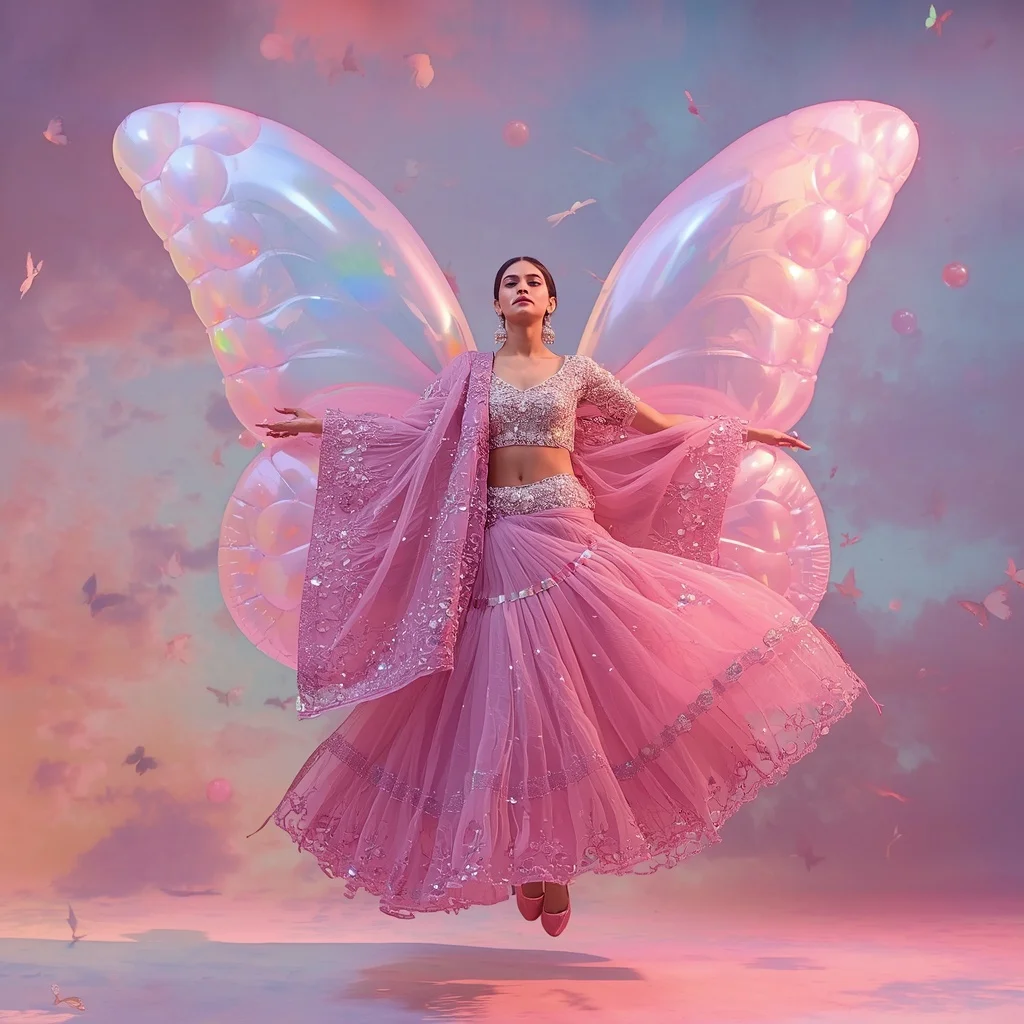 Butterfly Balloon Saree – Floating Crystal Couture with Air Pose | Command Prompt