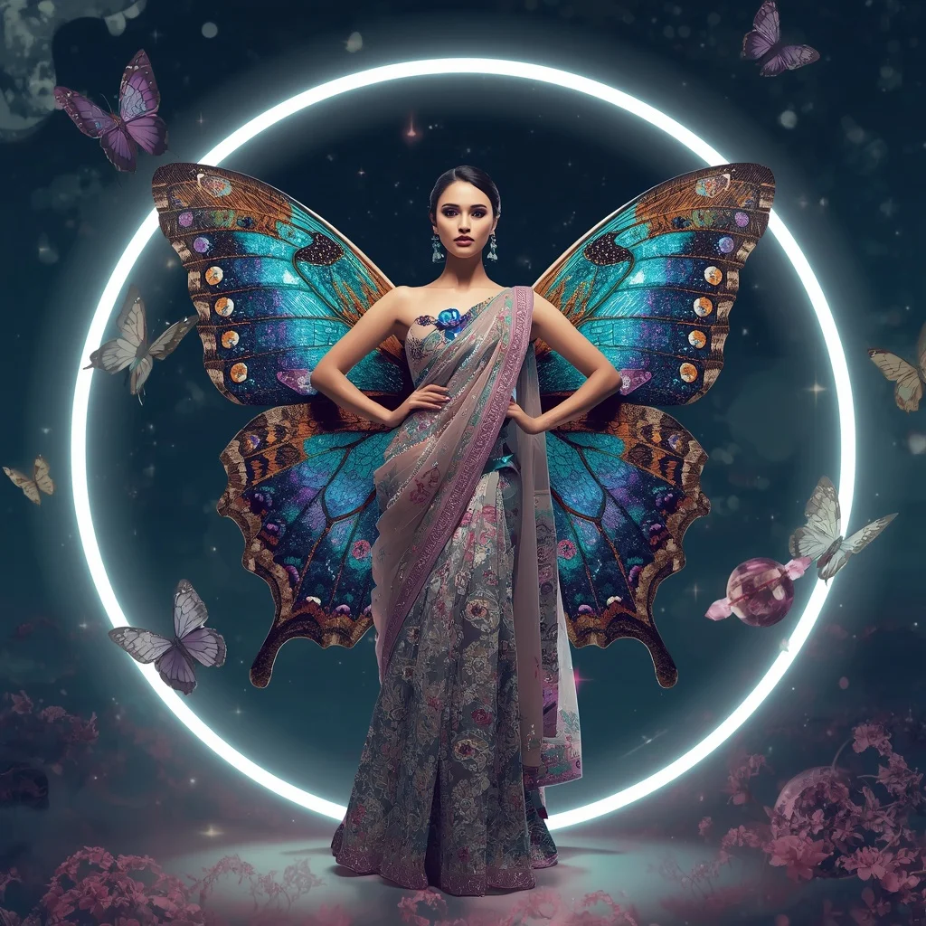 Butterfly Celestial Orbit Saree – Galaxy Ring Couture with Orbit Pose | Wedding Ai Prompt