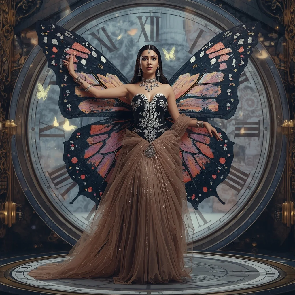 Butterfly Clock Couture Saree – Time Fantasy Wing Design with Circular Pose | Gym Influencer Ai Prompt