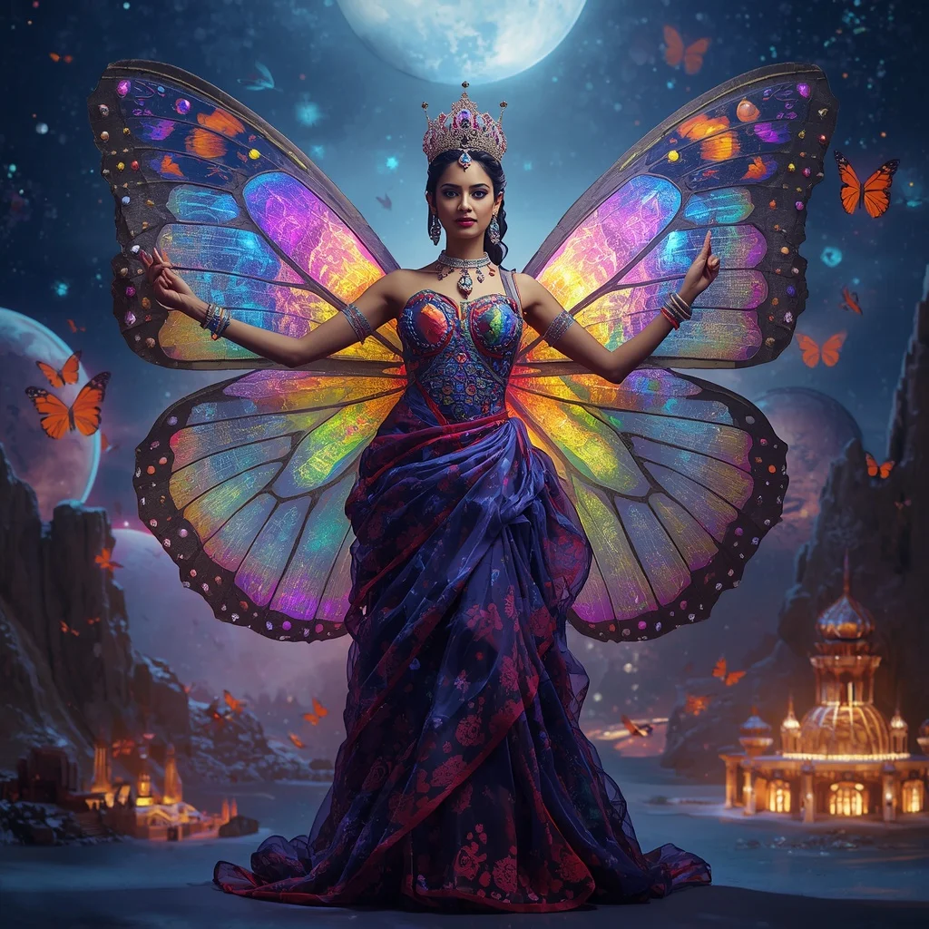 Butterfly Crown Universe Saree – Heavy Fantasy Couture with Empress Universe Pose | Korean Ai Prompt