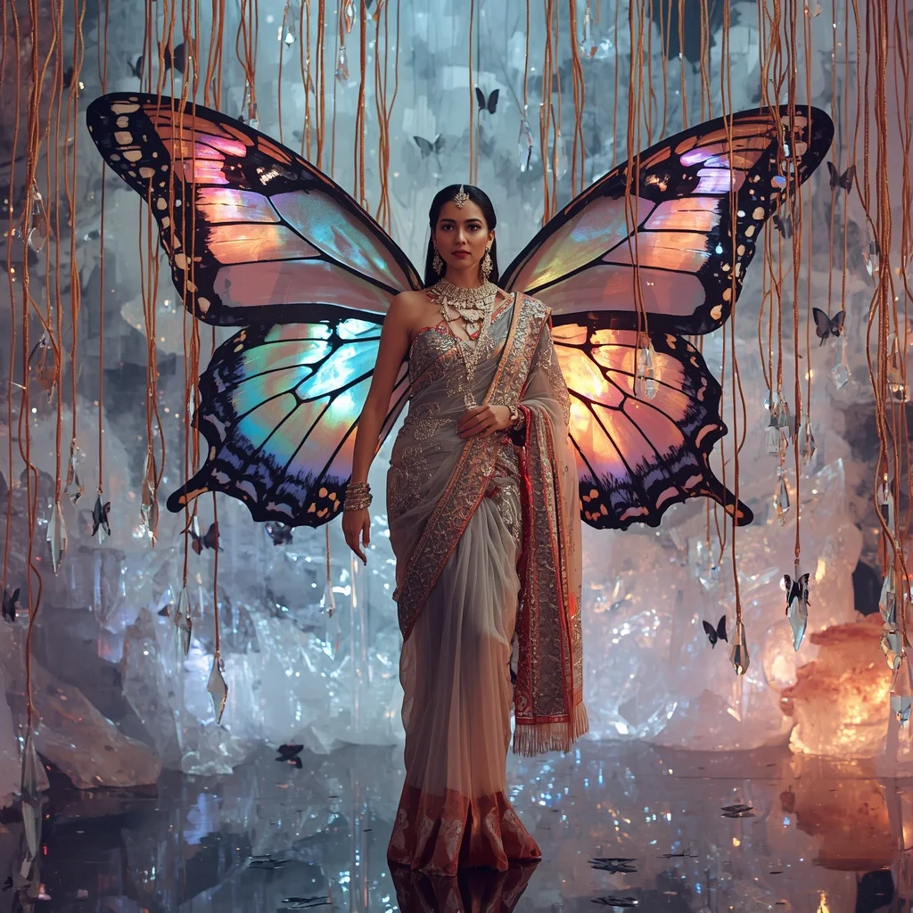 Butterfly Crystal Rope Saree – Hanging Wing Couture with Suspended Pose | Image To Prompt