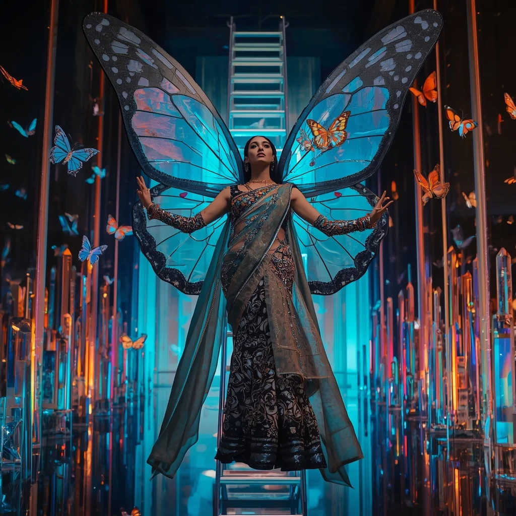 Butterfly Ladder Pose Saree – Giant Vertical Wing Couture with Fashion Climb Pose | Luxury Ai Prompt