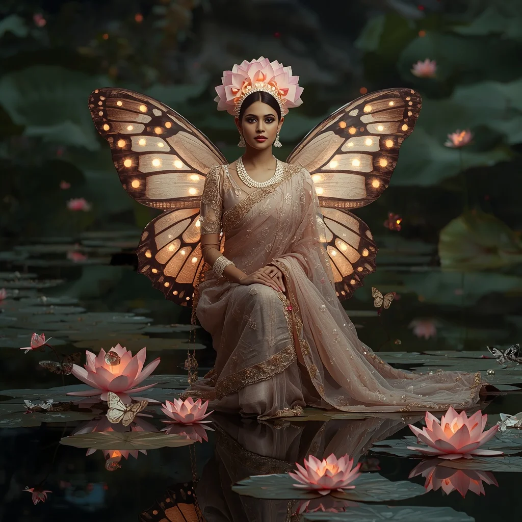 Butterfly Lotus Pond Saree – Floral Water Couture with Kneeling Pose | Easy Ai Prompt