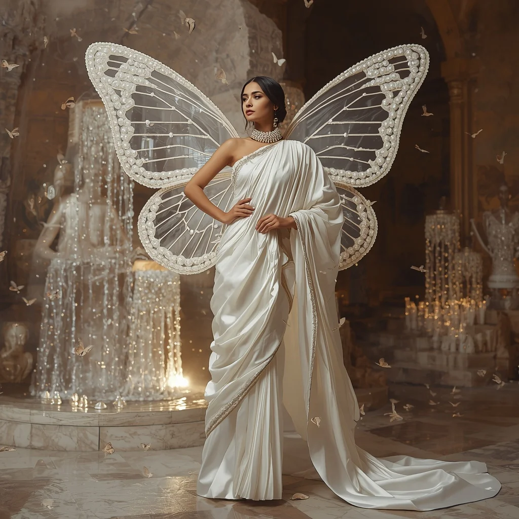 Butterfly Pearl Waterfall Saree – Luxury White Couture with Cascade Pose | Flux Ai Prompt