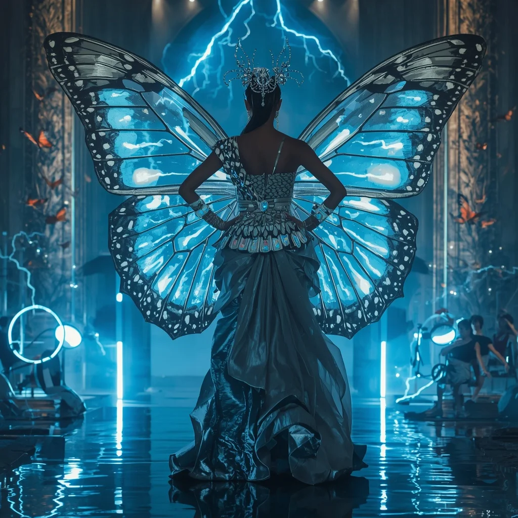 Butterfly Thunder Queen Saree – Electric Luxe Couture with Storm Power Pose | Hd Image Prompt