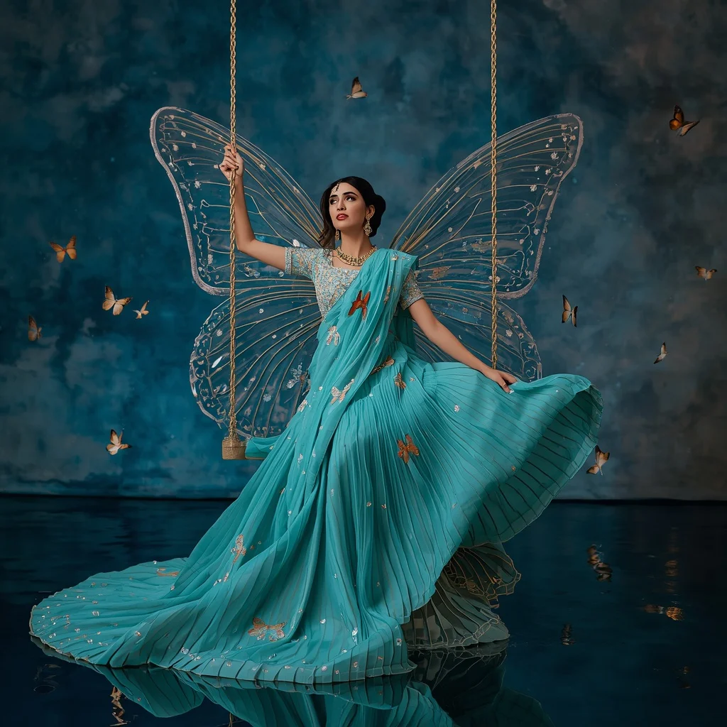 Butterfly Water Swing Saree – Luxury Floating Couture with Water Reflection Pose | Prompt Ai