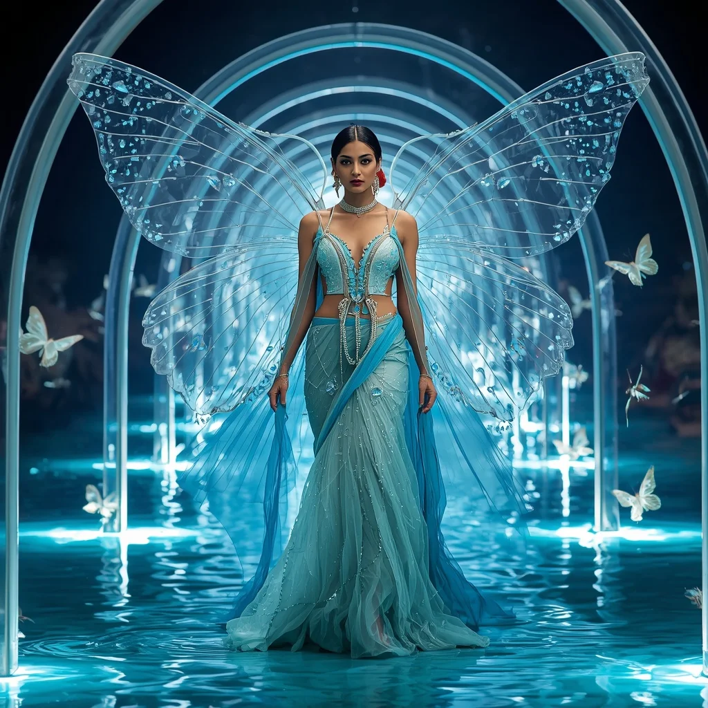 Butterfly Water Tunnel Saree – Liquid Couture with Dynamic Walk Pose | Gemini Photo Prompt