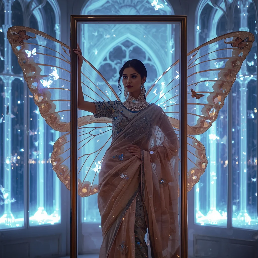 Butterfly Window Frame Saree – Crystal Wing Couture with Elegant Frame Pose | Gemini Ai Prompt For Girl