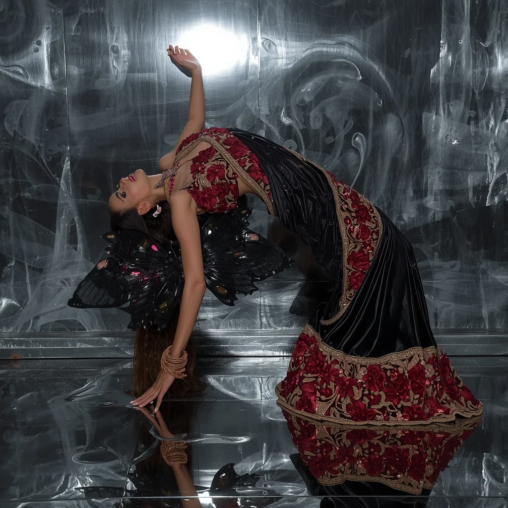 Carved Obsidian & 3D Ruby Floral Butterfly Saree with Floor Arch Pose | Viral Instagram Ai Prompt