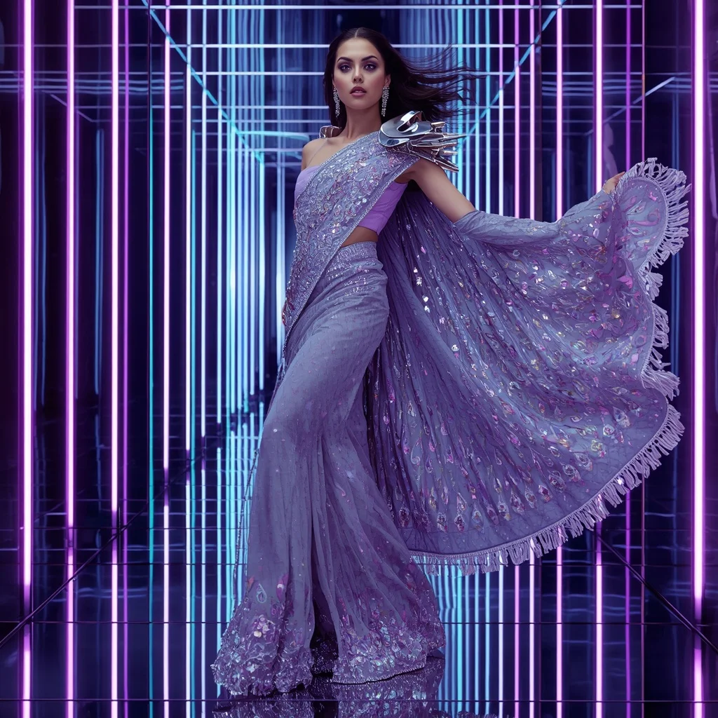 Celestial Ice Reflective Saree with Infinity Prism Chamber | Gemini Ai Prompt For Instagram