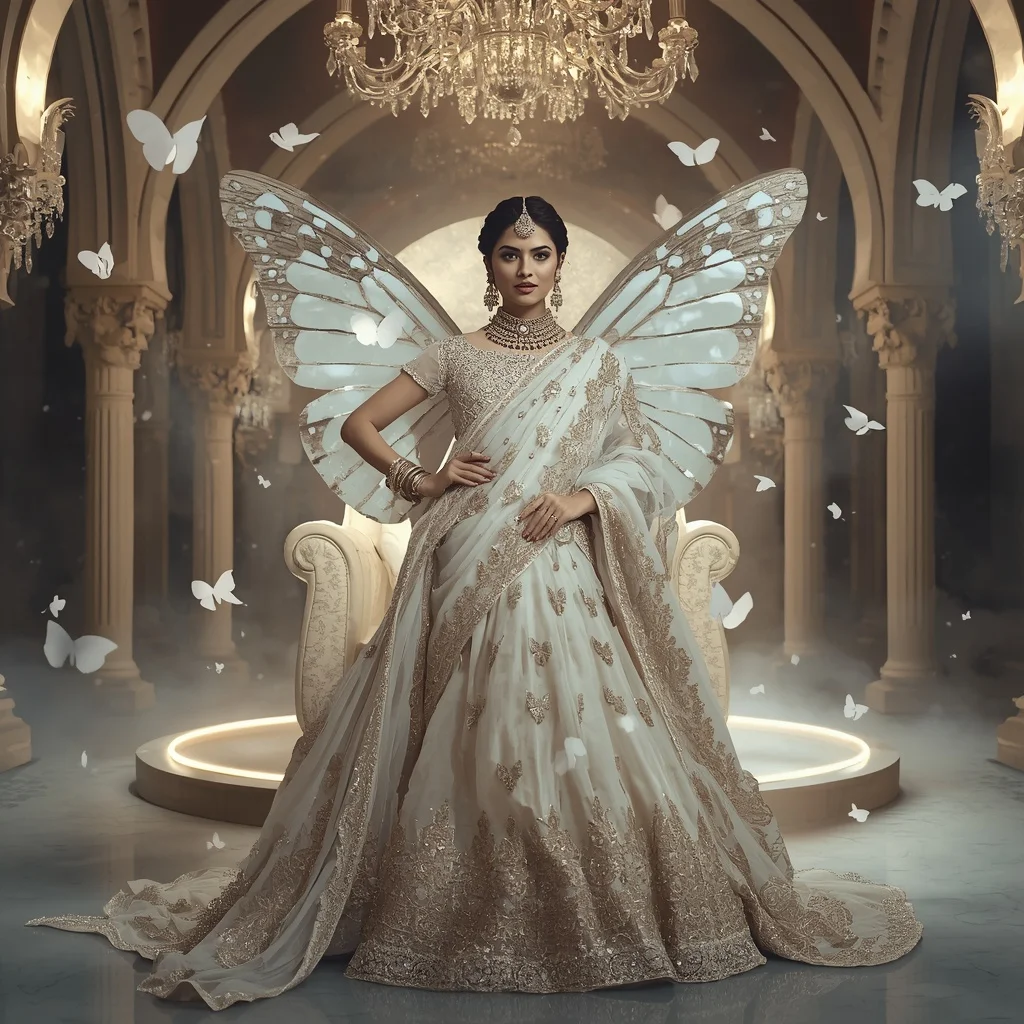 Celestial Ivory Butterfly Throne Saree with Moon Palace Fantasy Background | Text To Image Prompt