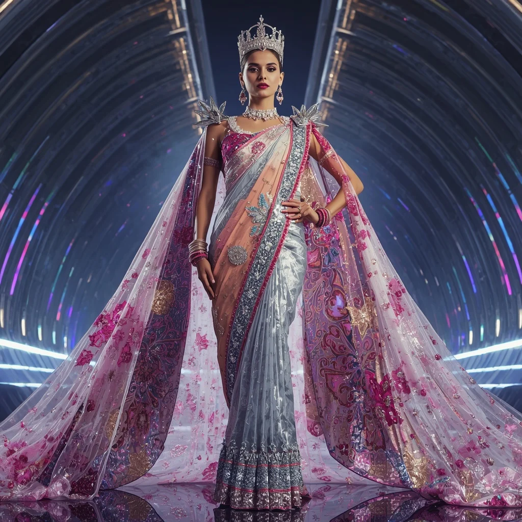 Celestial Maharani Infinityveil Festival Saree with Quantum Prism Crown Galaxy Dominion Cathedral | Ai Image Generator Prompt