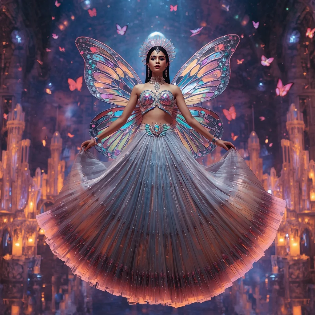Celestial Rainbow Butterfly Empire Saree – Heavy Prism Couture with Cosmic Dream Palace Background | Ai Gemini Prompt