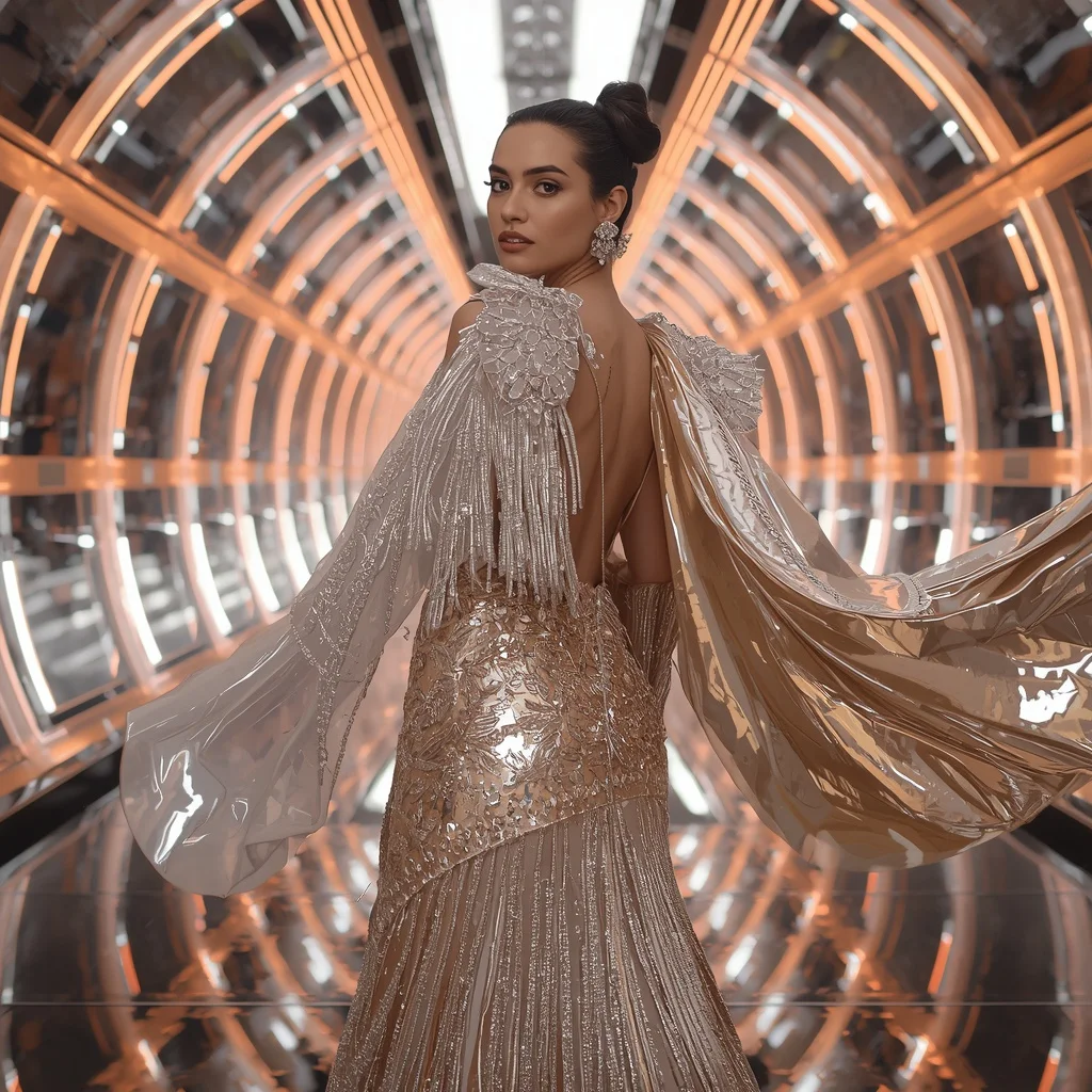 Champagne Crystal Armor Saree with Floating Infinity Corridor | Picture Prompt