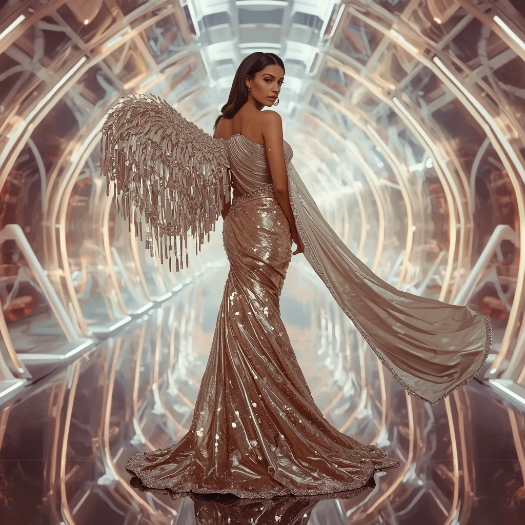Champagne Crystal Wing Saree with Floating Infinity Prism Hall | Prompt For Gemini Ai Girl Style Trending Instagram