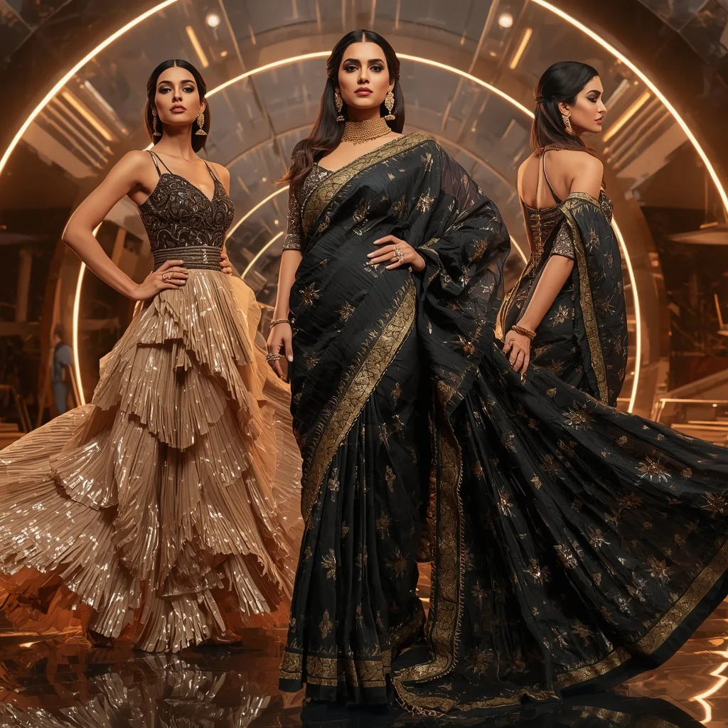 Champagne Eclipse Saree with Floating Arc Dome | Makeup Ai Prompt