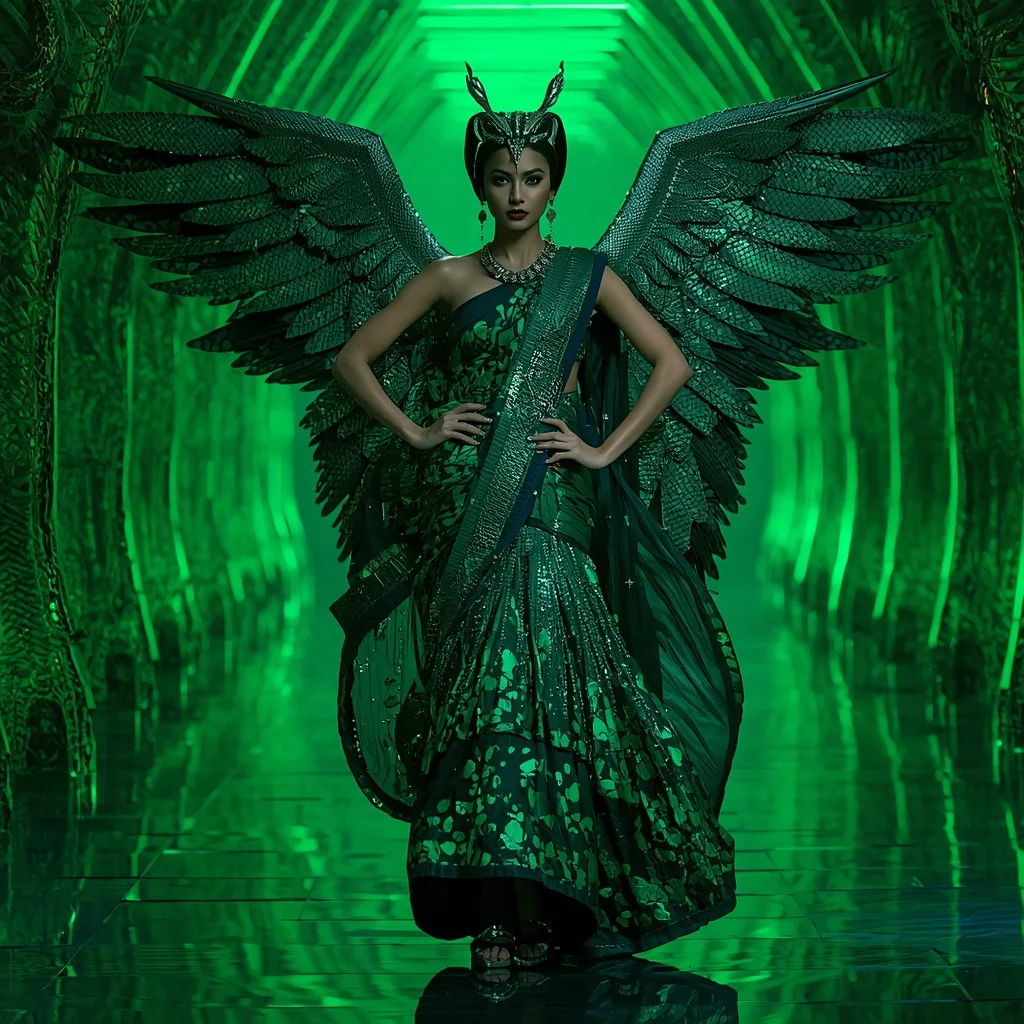 Chrome Cobra Wing Saree with Neon Snake Fantasy Hall | Girl Standing In Rain Ai Prompt