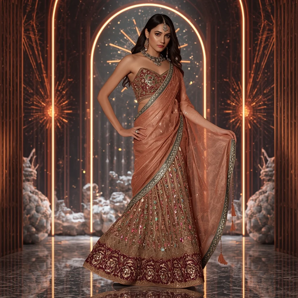 Copper Solar Valkyrienne Saree with Bloomfire Sanctum Celestiverse and Crystal Ember Heavenfalls | Back Pose Girl Ai Prompt