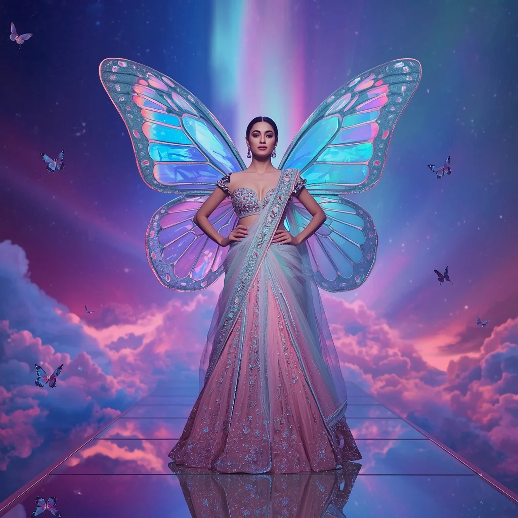 Cosmic Opal Butterfly Saree with Infinite Aurora Skybridge Background | Korean Ai Prompt