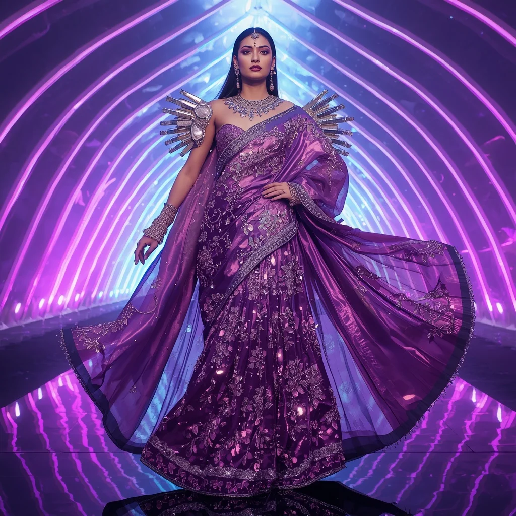 Cosmic Orchid Mirror Saree with Floating Prism Infinity Vault | Prompt For Gemini Ai Saree Look Couple