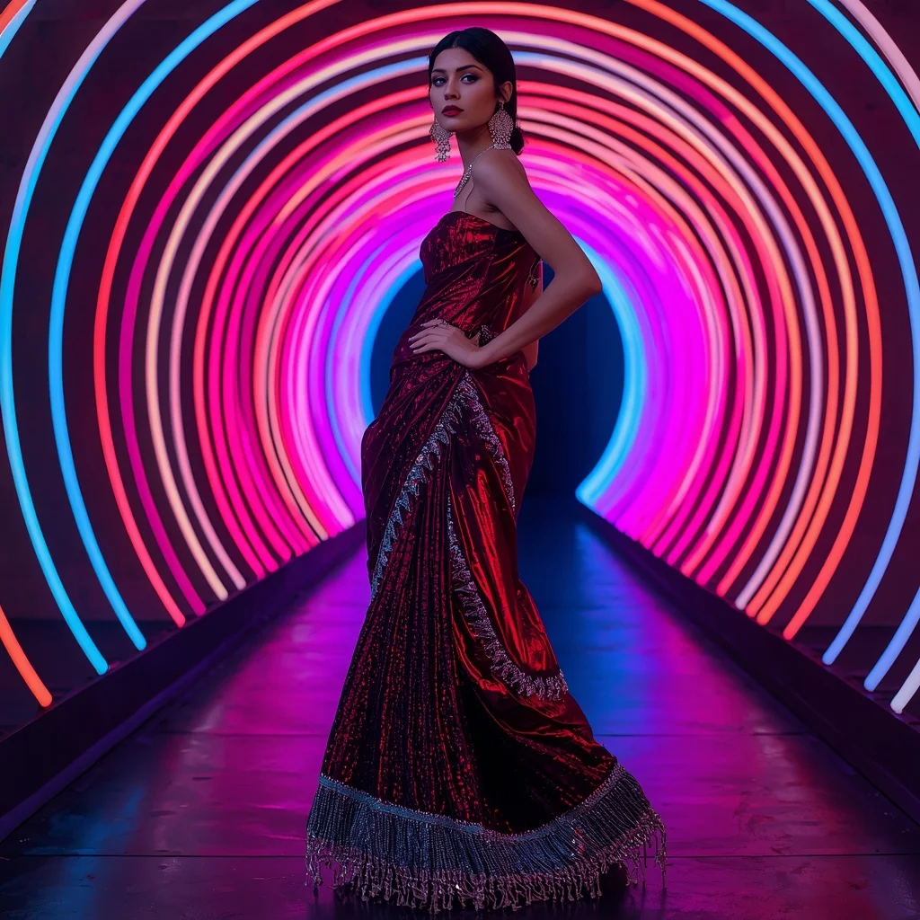 Cosmic Ruby Saree with Infinity Spiral Lights | Saree Reel Ai Prompt