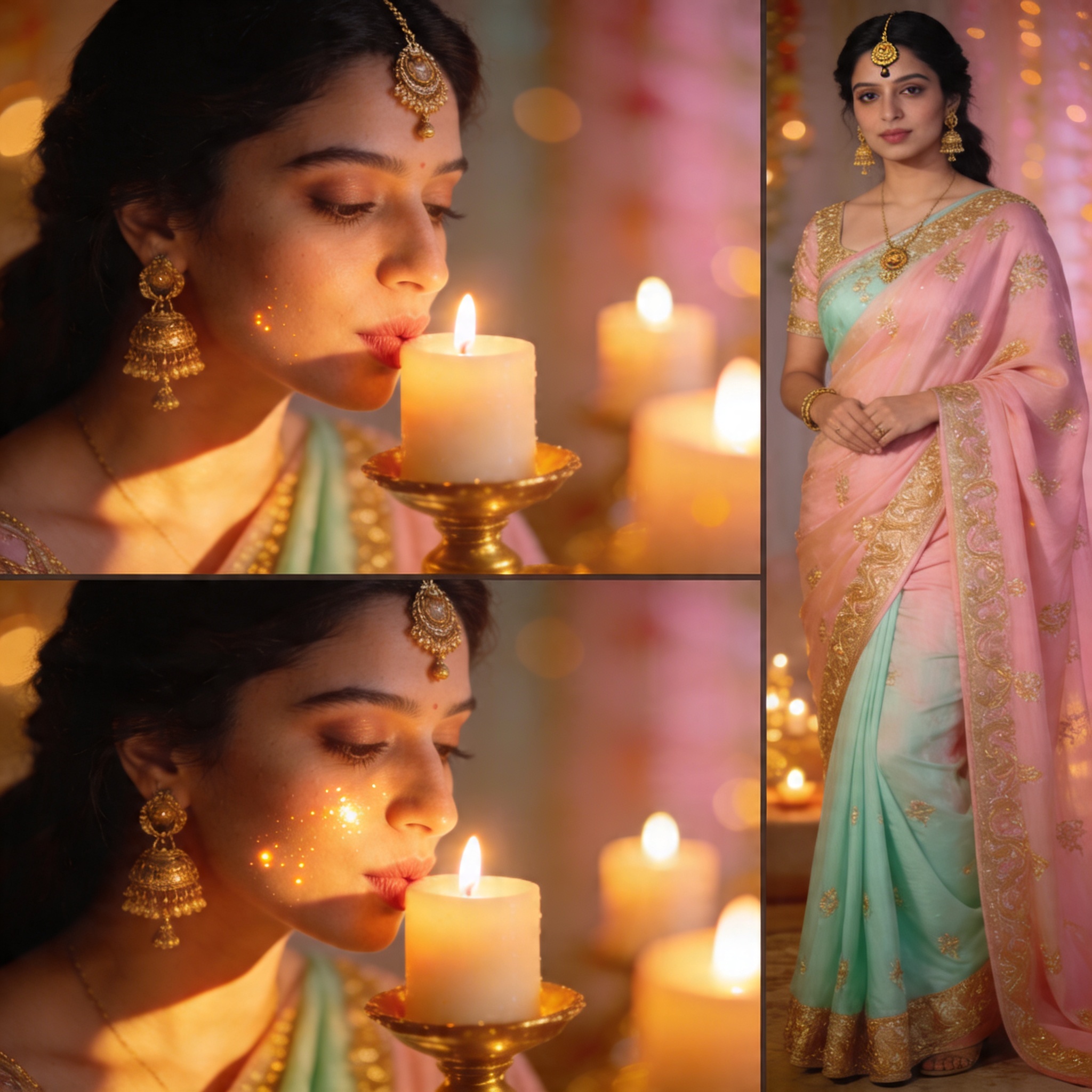 Cozy Viral Pastel Saree Candlelit Royal Glow - | Image Prompt | Saree Ai Prompt