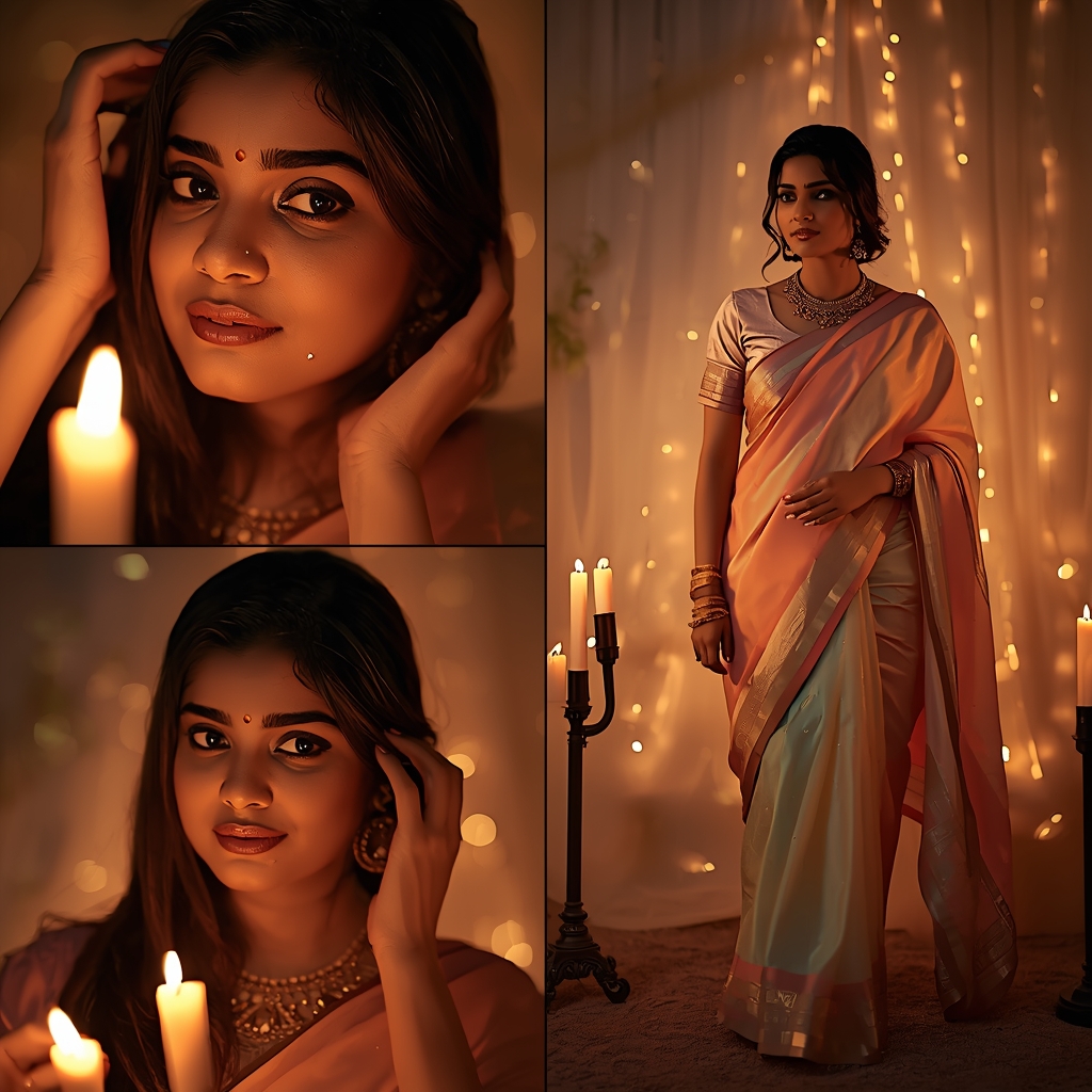 Cozy Viral Pastel Saree Candlelit Warm Glow - | Image Prompt | Saree Traditional Ai Prompt Indian Culture