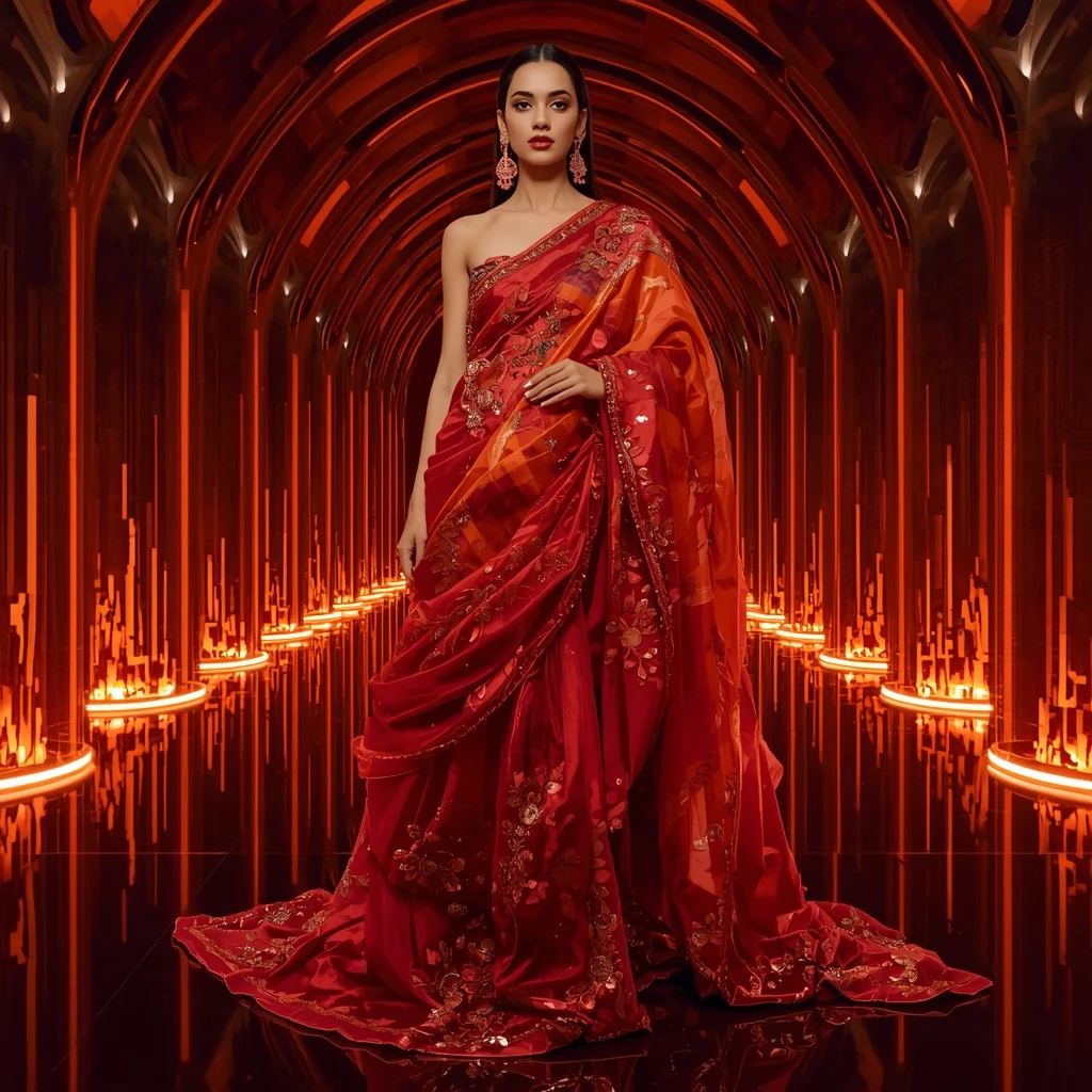 Crimson Ember Royale Saree with Infinity Fire Temple | Saree Prompt Text To Image