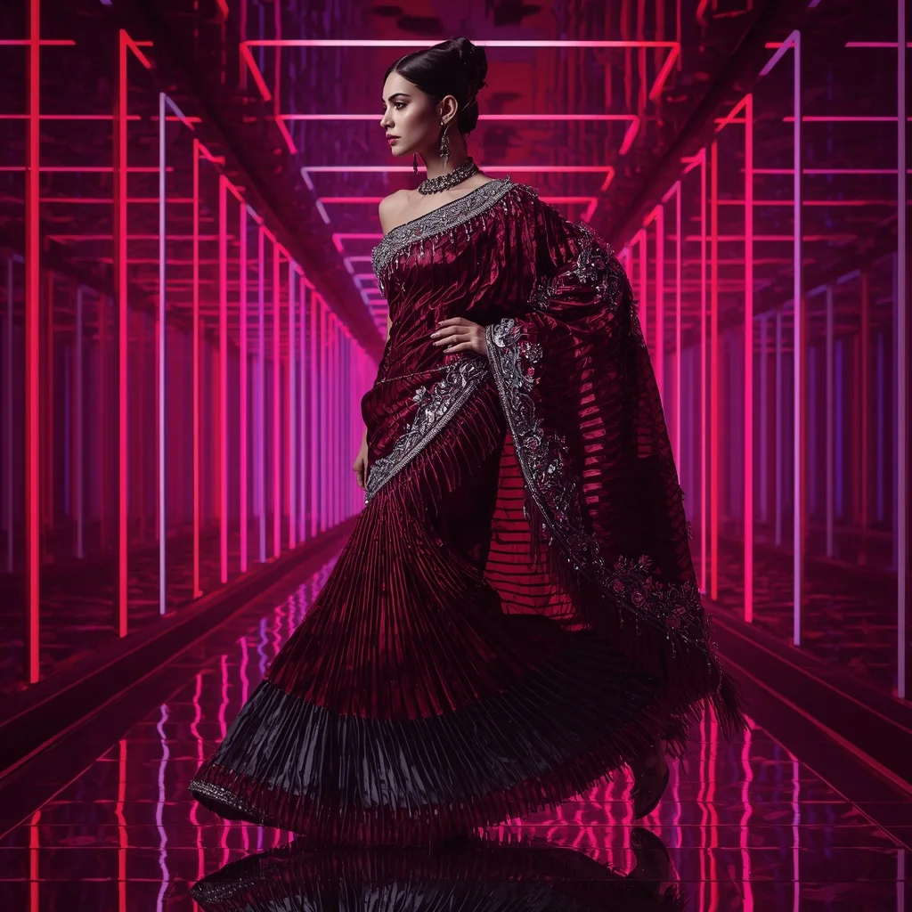 Crimson Nova Mirror Saree with Floating Infinity Hallways | Prompt Chatgpt