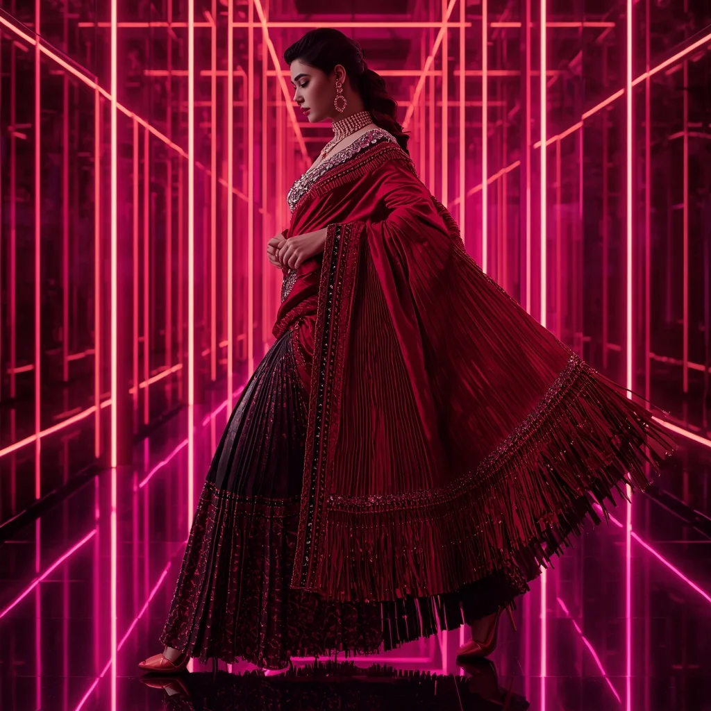 Crimson Nova Mirror Saree with Floating Infinity Hallways | Prompt Gemini Ai