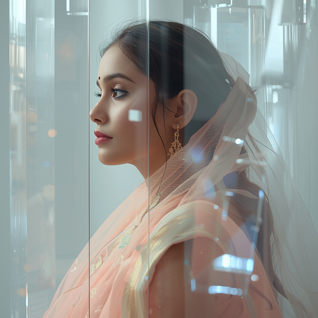 Crystal Veil Layers Pastel Saree Image Prompt Glass Texture Luxury Cinematic Collage Saree Prompt | Gemini Saree Ai Photo Prompt