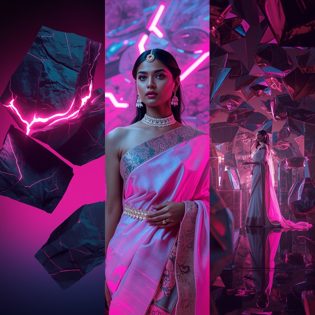 Cyberpunk Neon Kintsugi Shattered Obsidian Saree Luxury Collage | Bridal Saree Ai Prompt For Instagram Reel