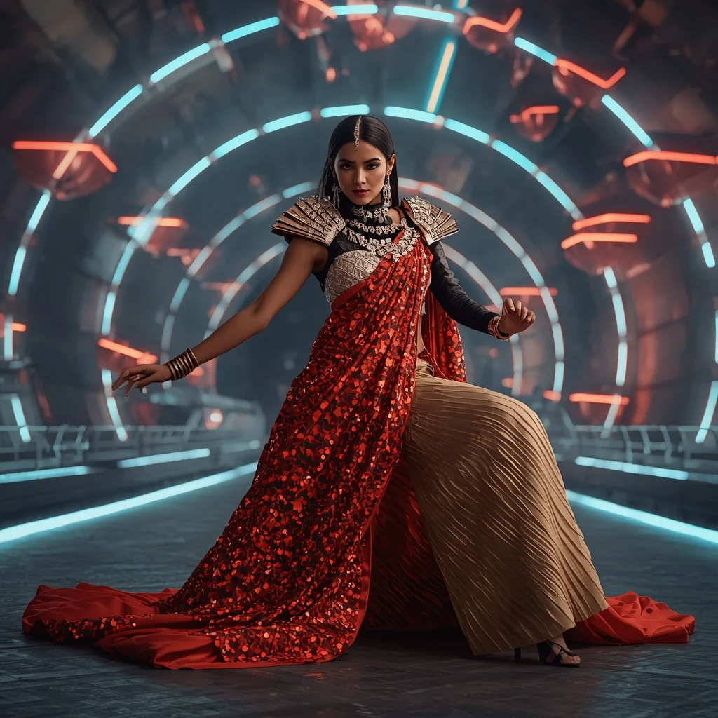 Diamond Flame Royale Saree with Floating Neon Bridges | Gemini Prompt