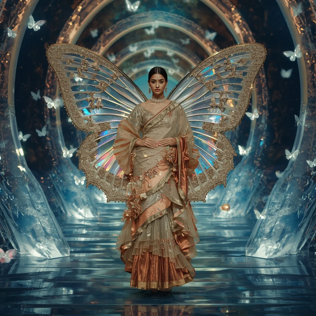 Diamond Prism Butterfly Saree with Floating Crystal Temple Background | Ideogram Ai Prompt