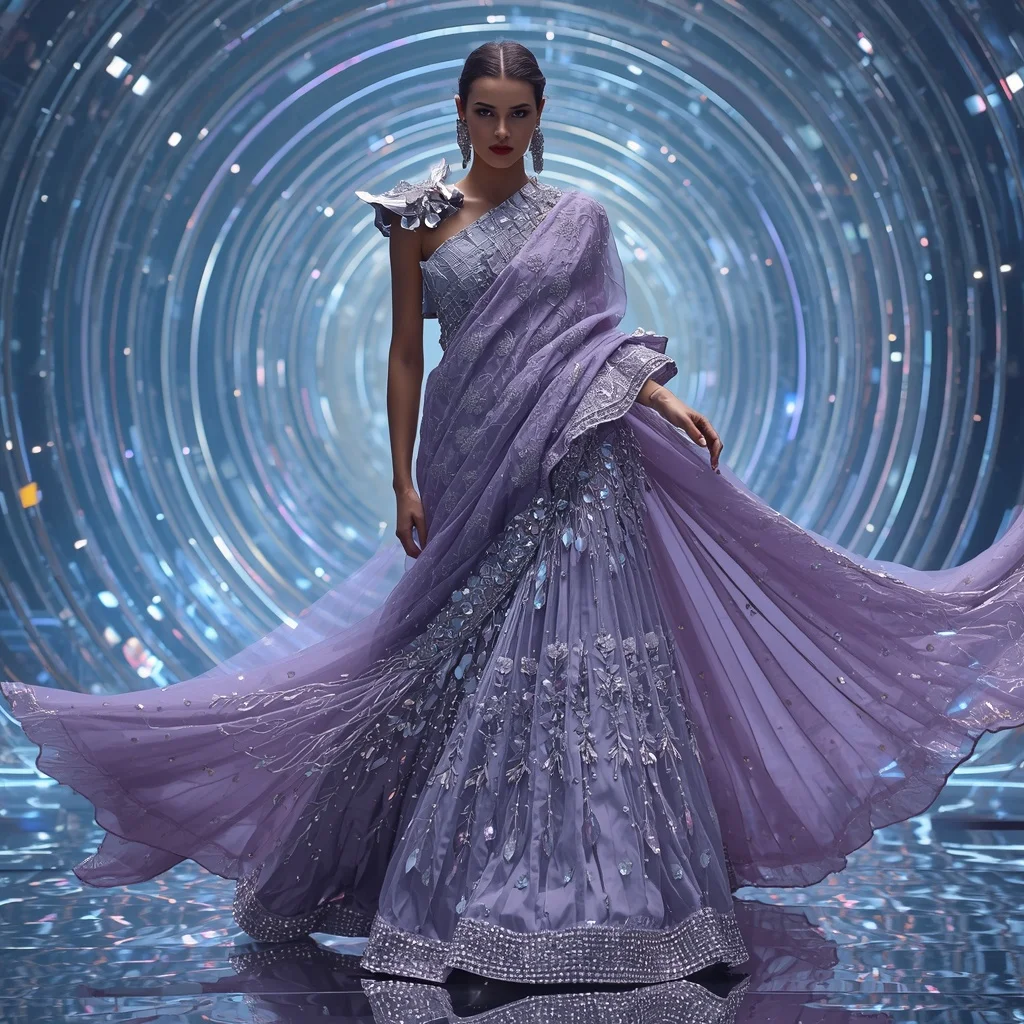 Diamond Prism Mirage Saree with Holographic Spiral Palace | Modern Design Ai Prompt