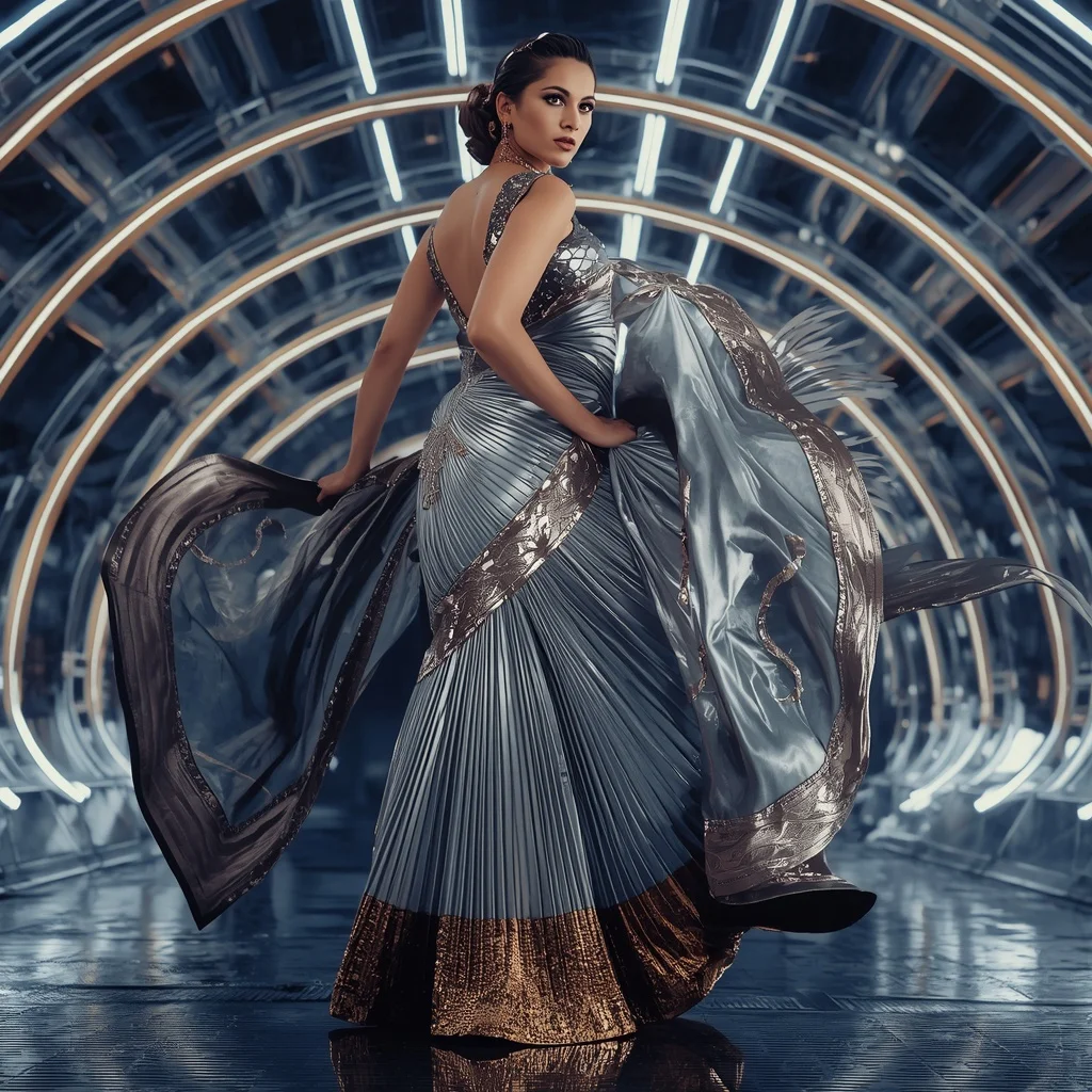 Diamond Thunder Metallic Saree with Floating Ribbon Dome | Dslr Portrait Ai Prompt