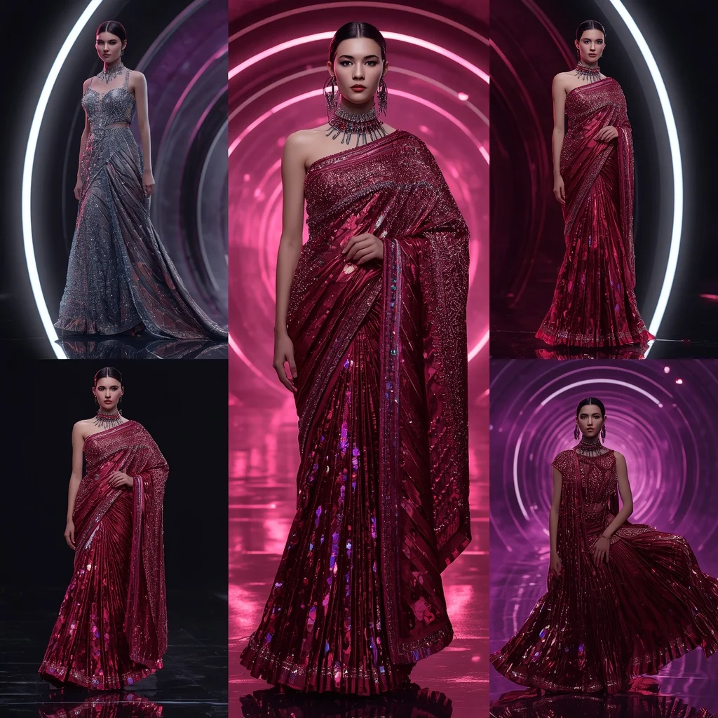 Diamond Thunder Royale Saree with Neon Spiral Chambers | Indian Girl Ai Prompt